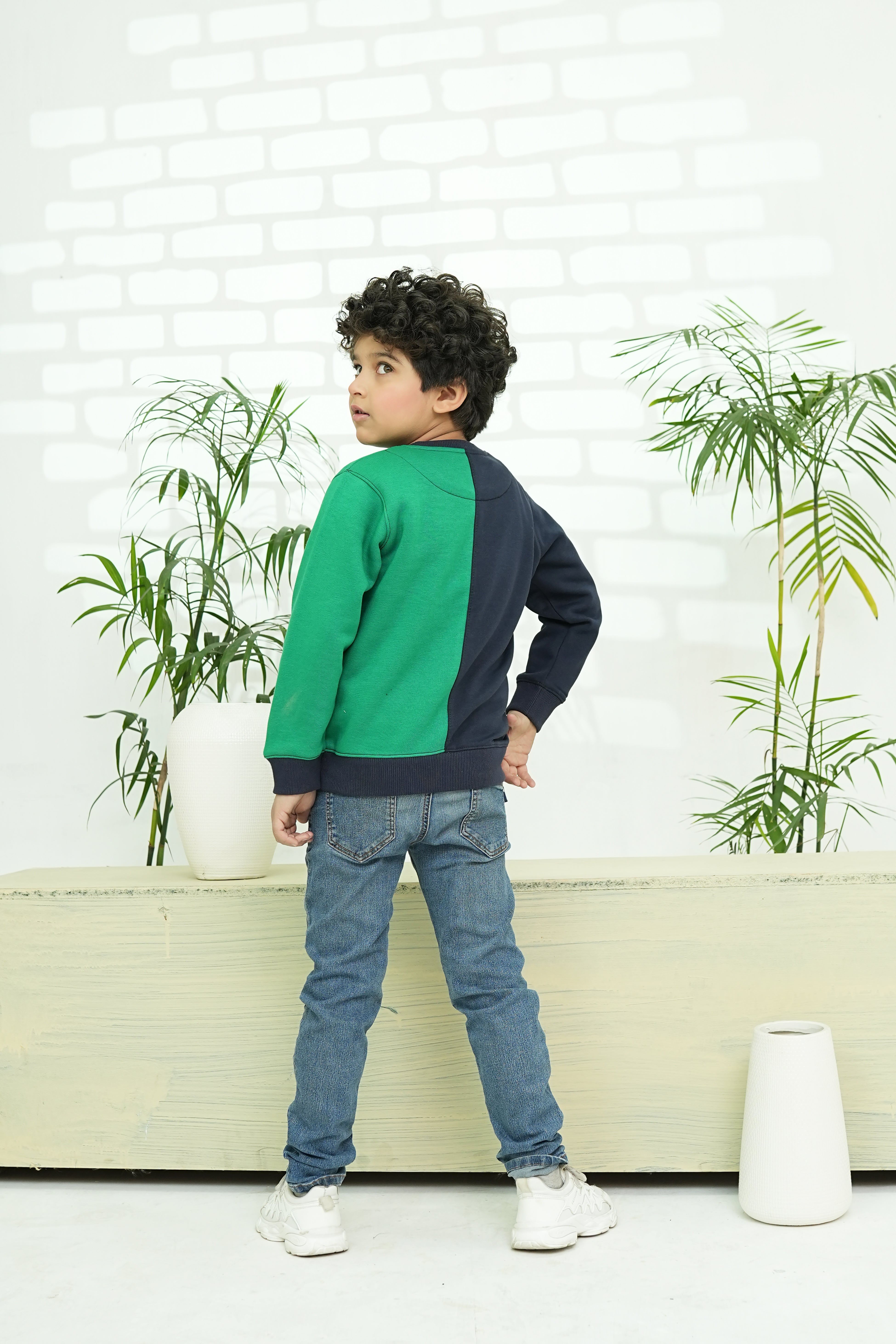 Kids Colour Block Sweatshirt - Green & Navy