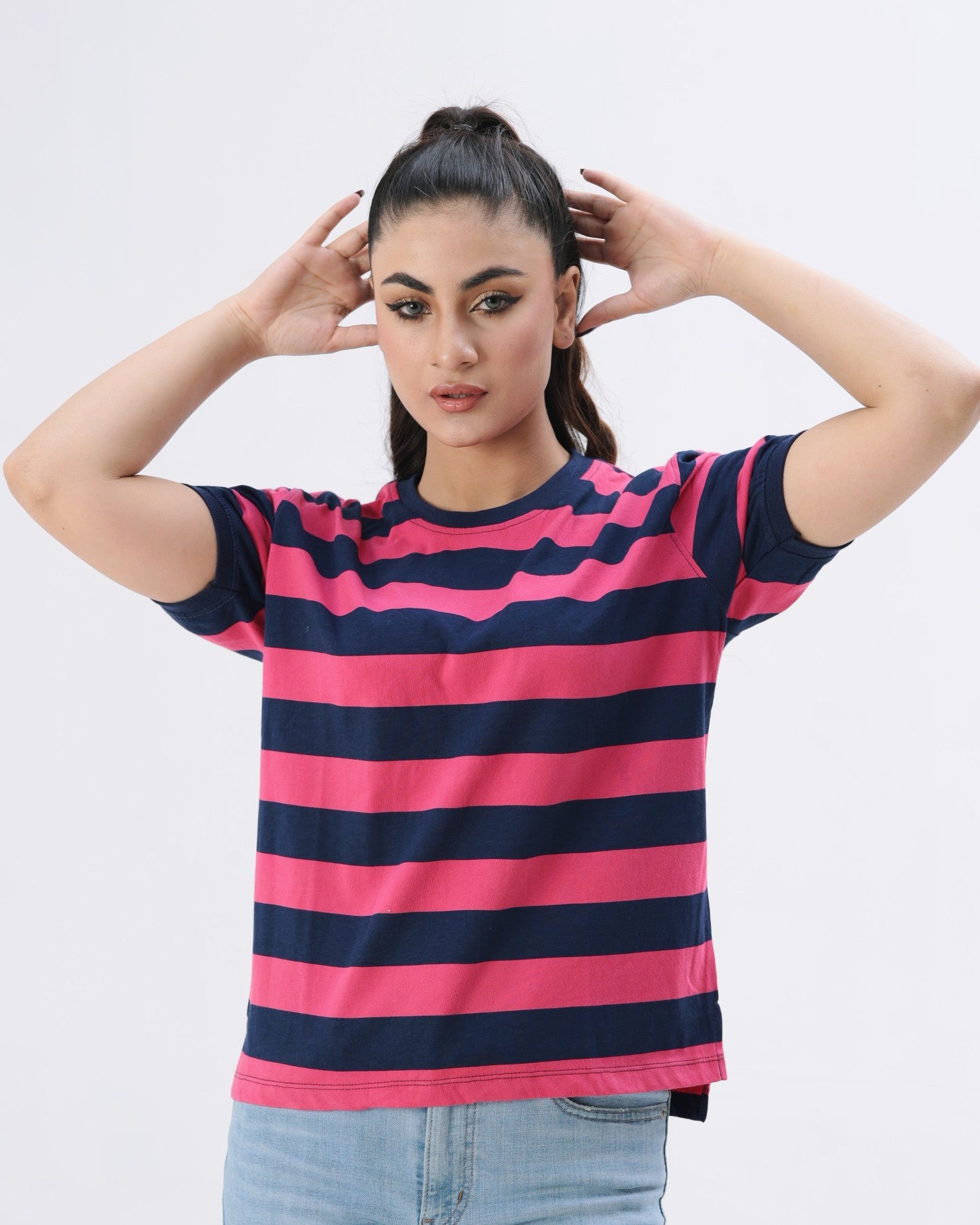 Pink and Blue Striped Women T-shirt