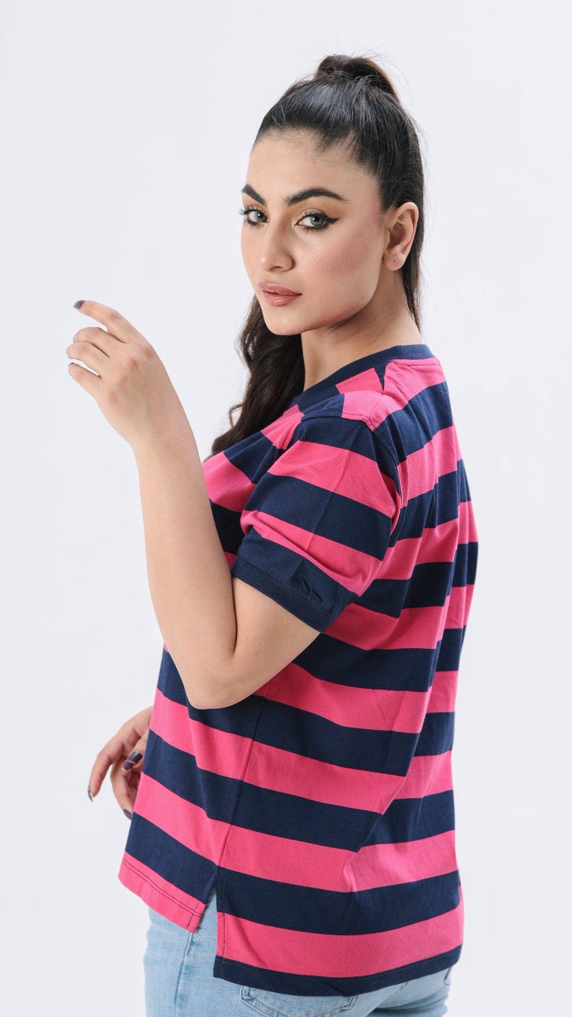 Pink and Blue Striped Women T-shirt
