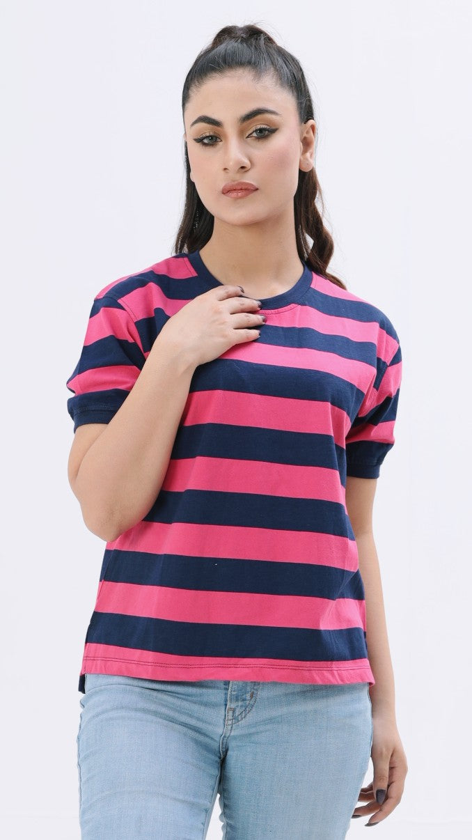 Pink and Blue Striped Women T-shirt