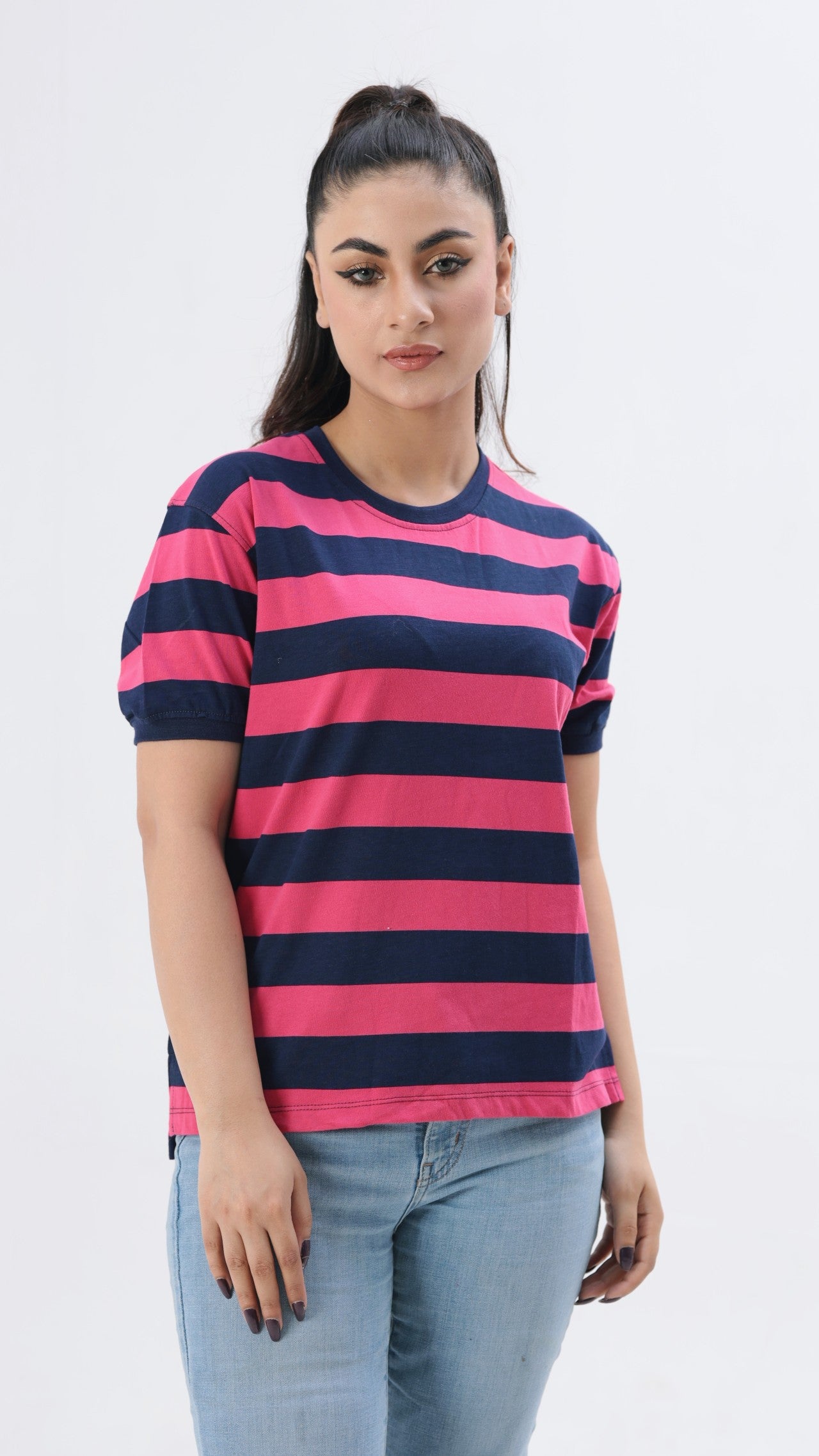 Pink and Blue Striped Women T-shirt