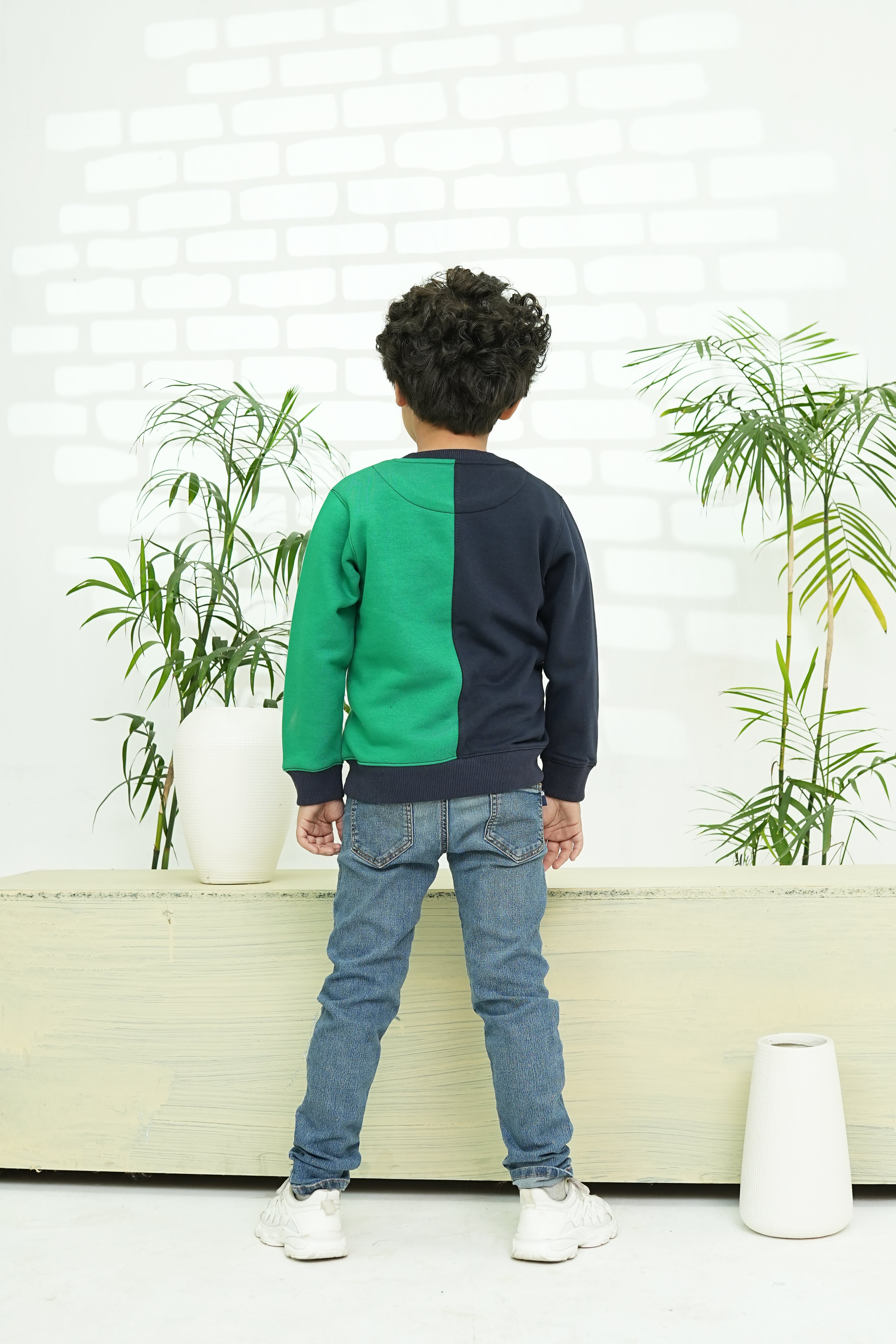 Kids Colour Block Sweatshirt - Green & Navy