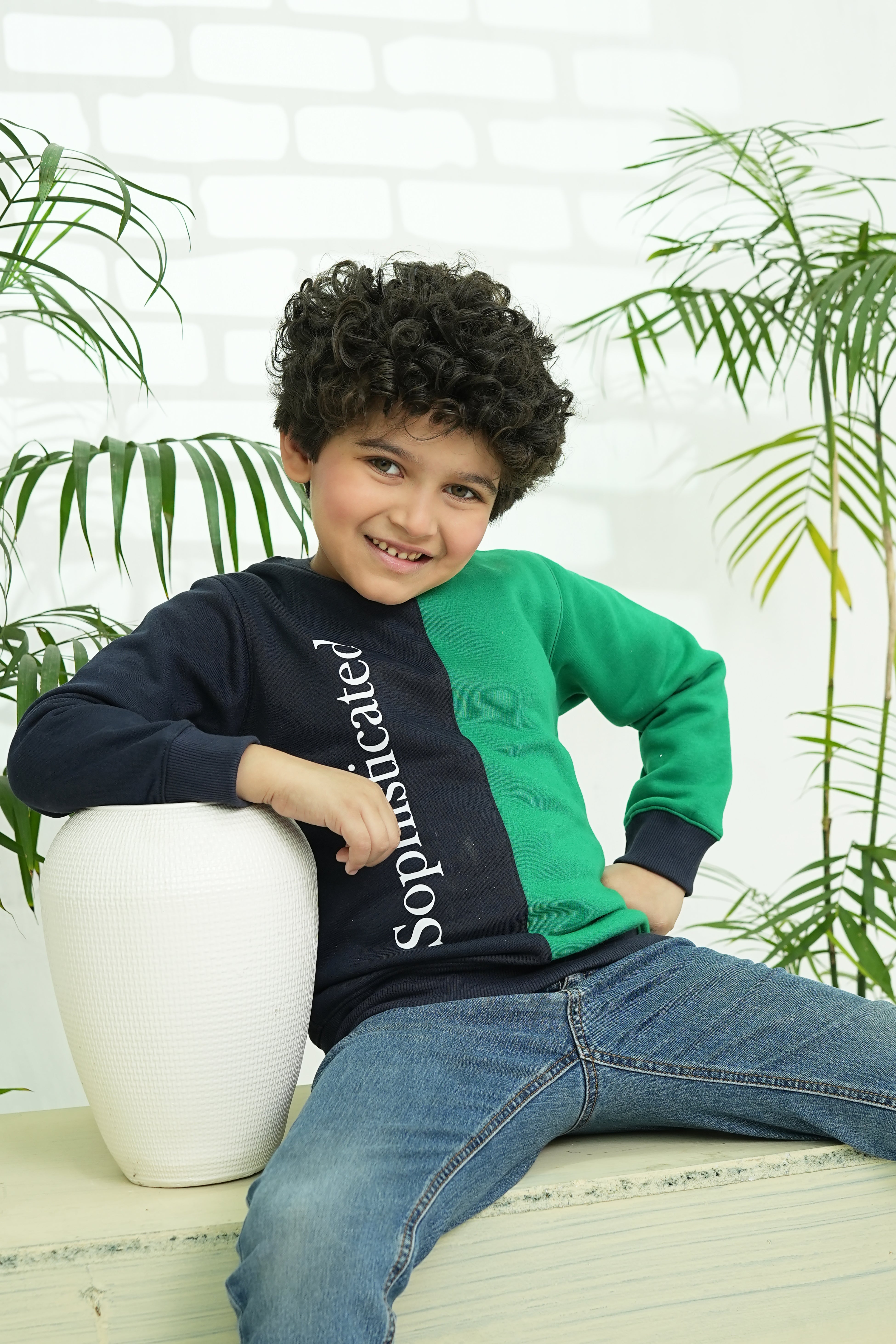Kids Colour Block Sweatshirt - Green & Navy