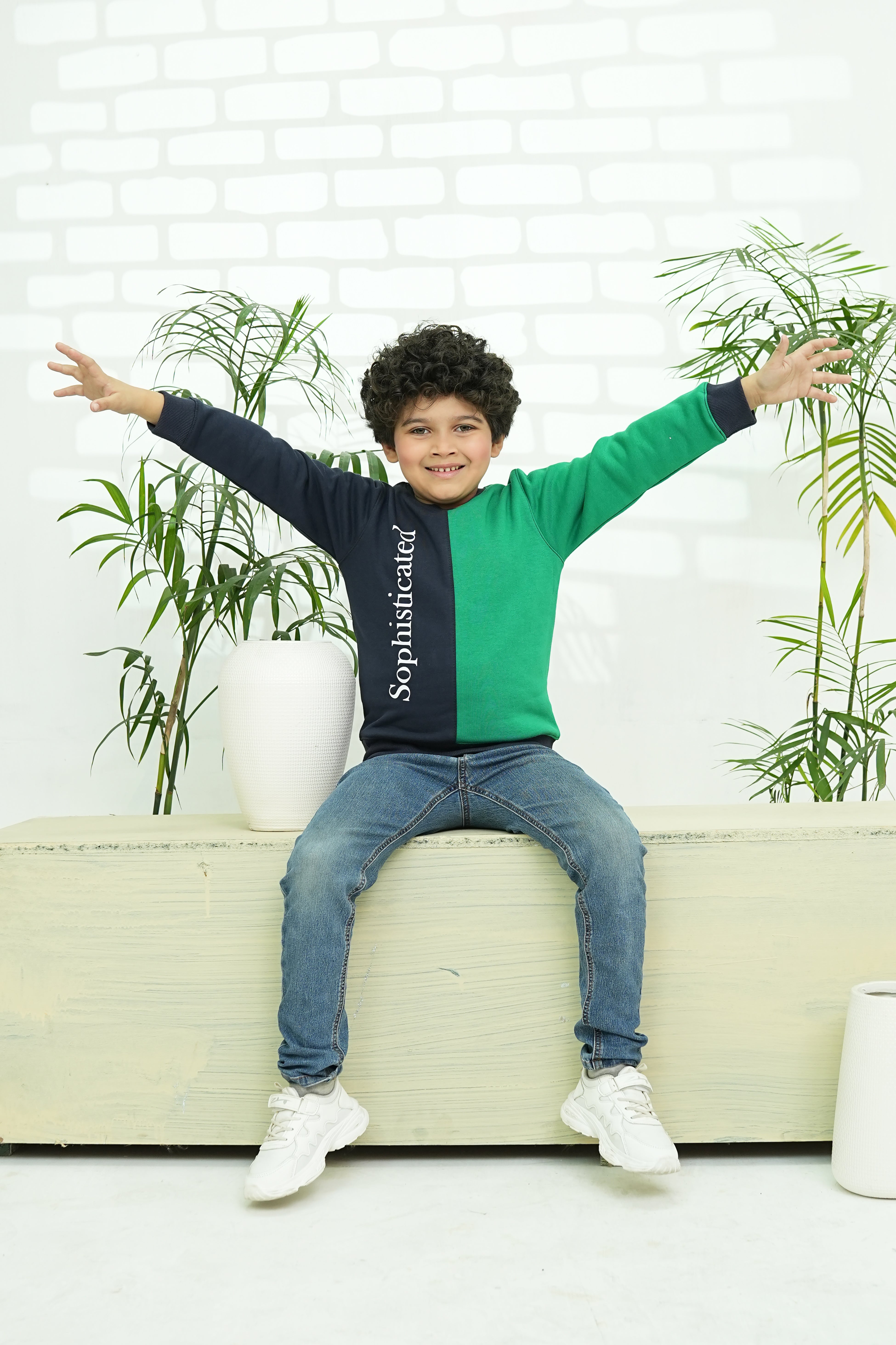 Kids Colour Block Sweatshirt - Green & Navy