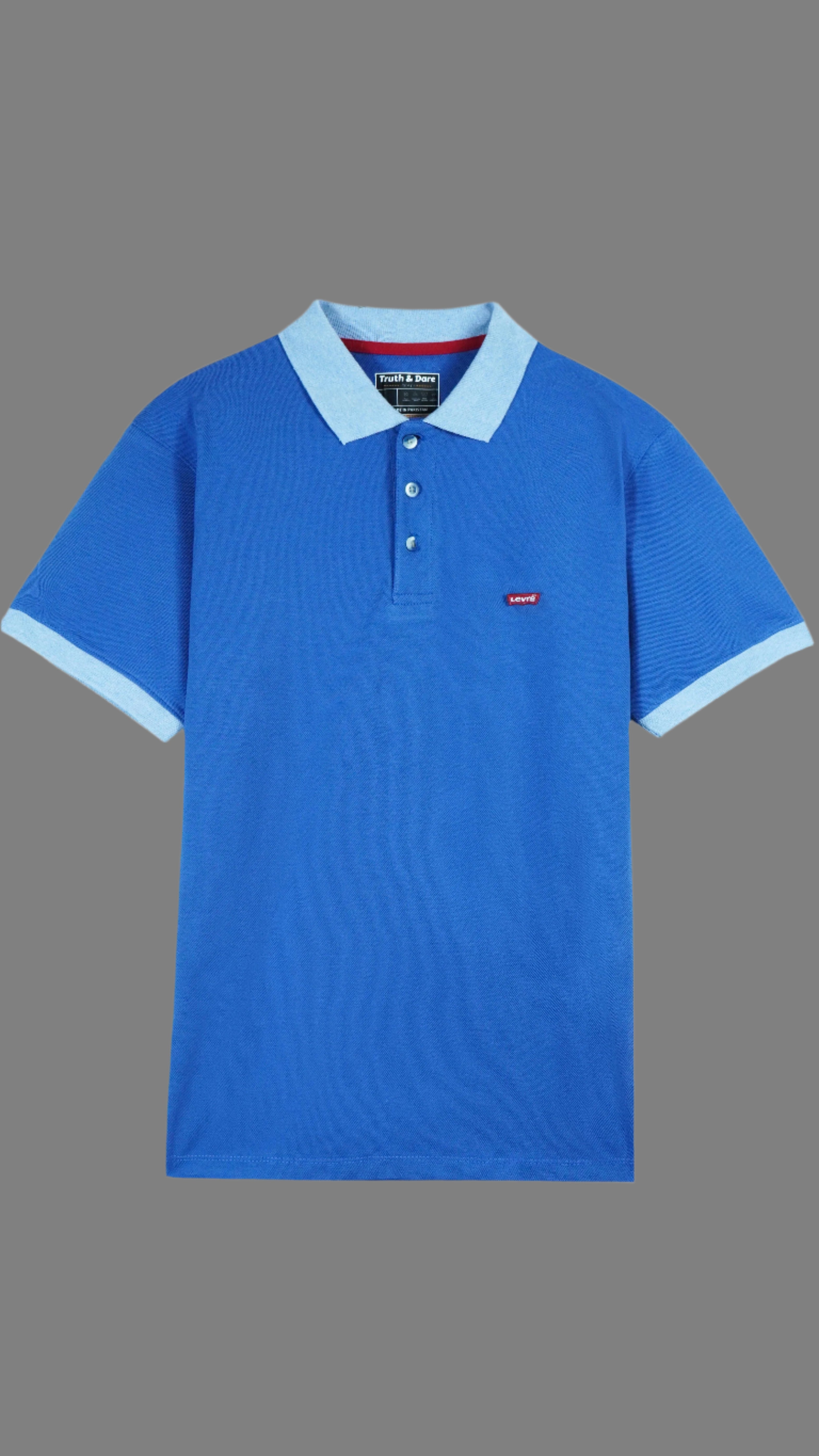 Blue polo shirt with light blue collar and trim on a white background