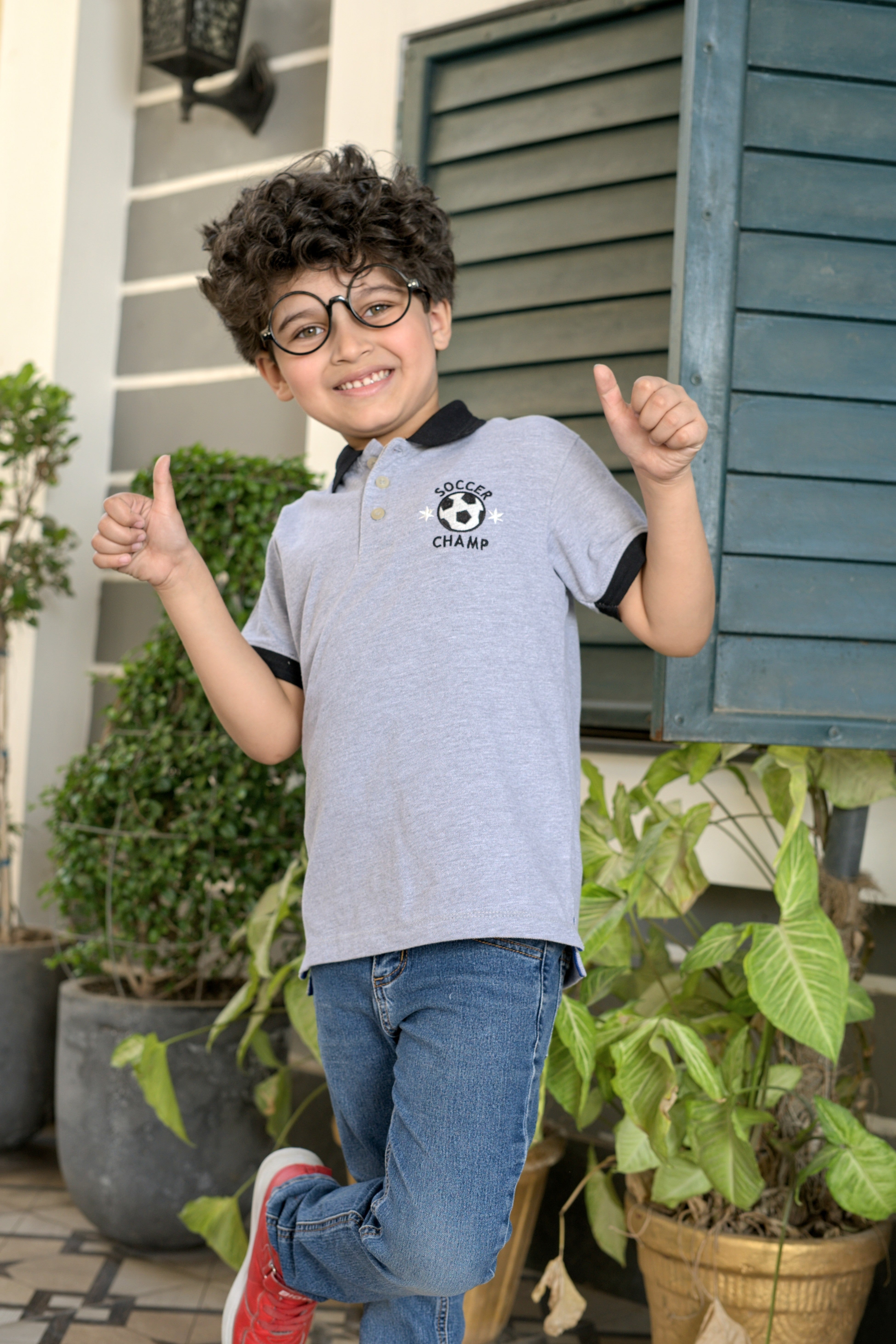 Kids' Grey Cotton Polo Shirt with Embroidery