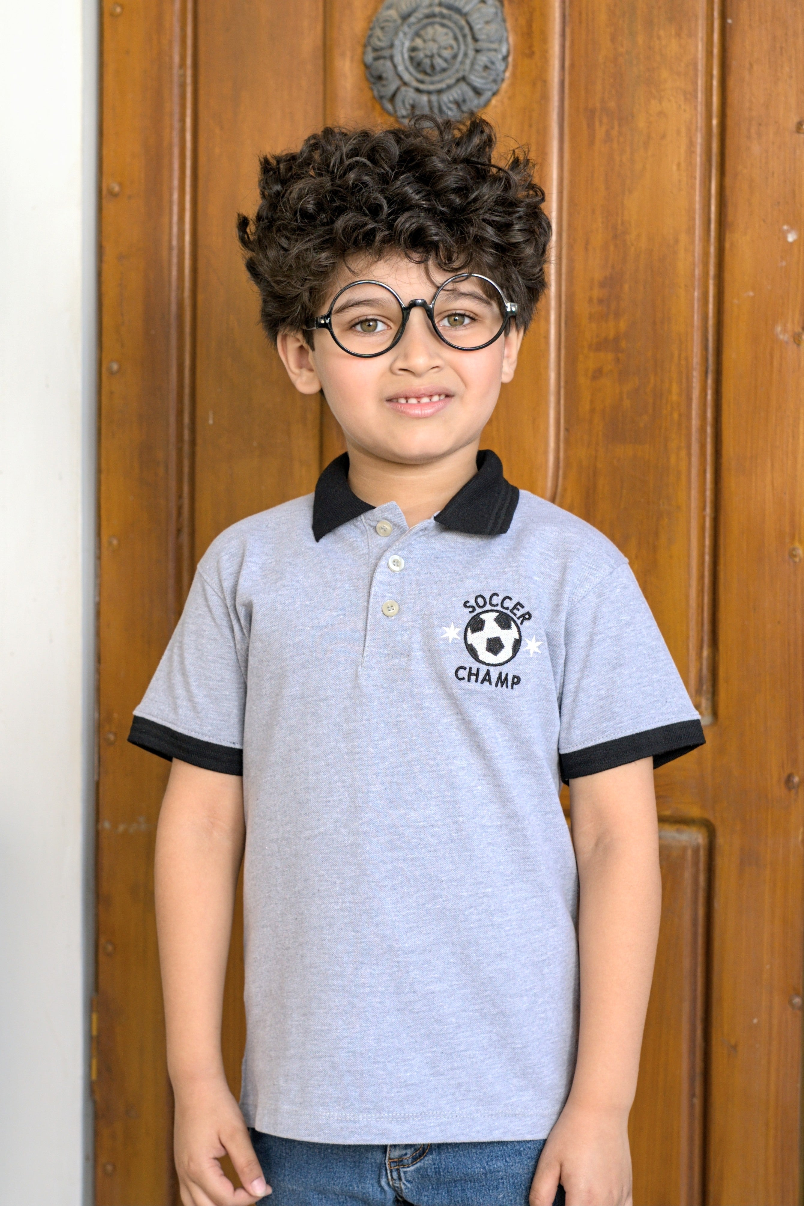 Kids' Grey Cotton Polo Shirt with Embroidery