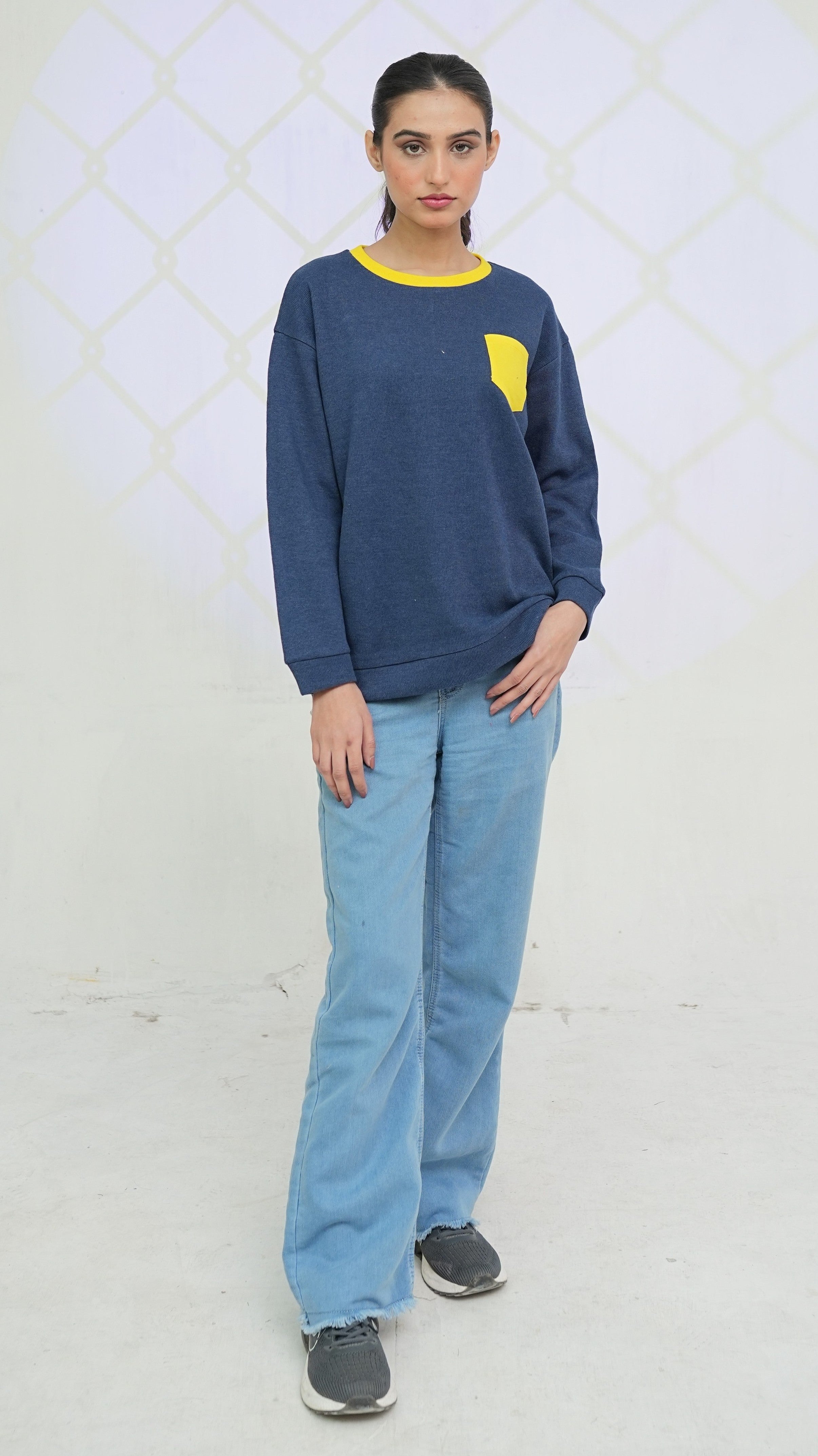 Women’s Blue Sweatshirt with a yellow pocket
