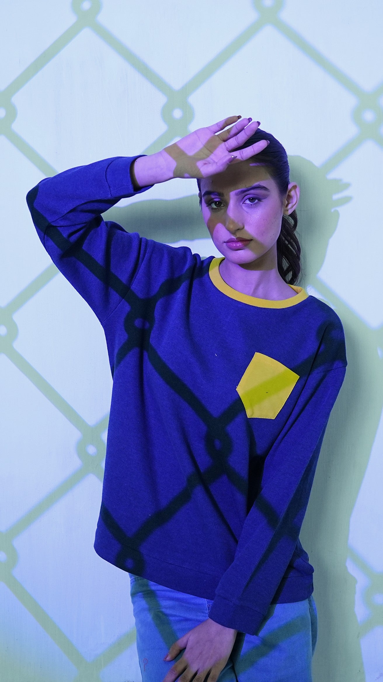 Women’s Blue Sweatshirt with a yellow pocket